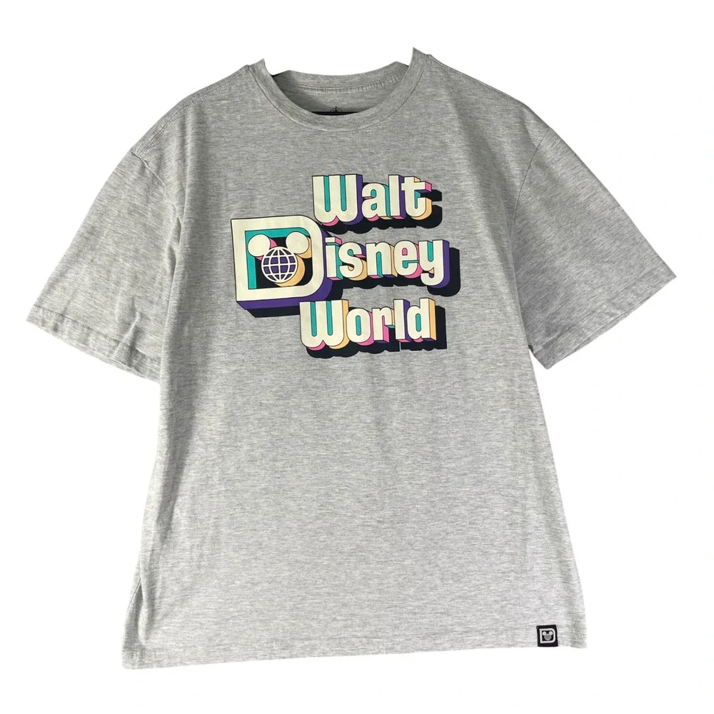 Walt Disney World Mens Large Grey Retro 3D Graphic T-Shirt‎ Mickey Globe Logo
